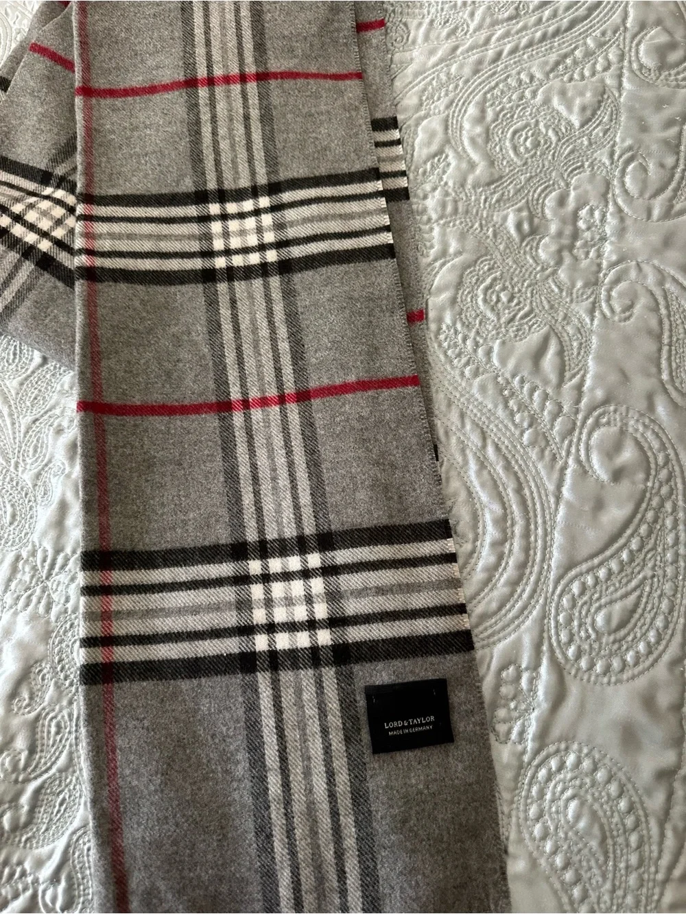 Gray Plaid Lord and Taylor Scarf with Red Accent